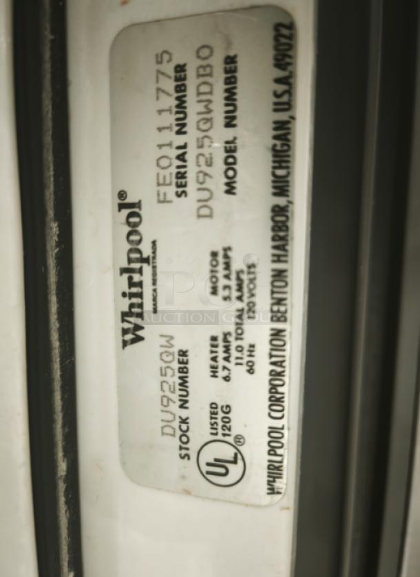 Whirlpool undercounter dishwasher, model DU925QWDB0, with visible serial number and UL listed label, in good condition.