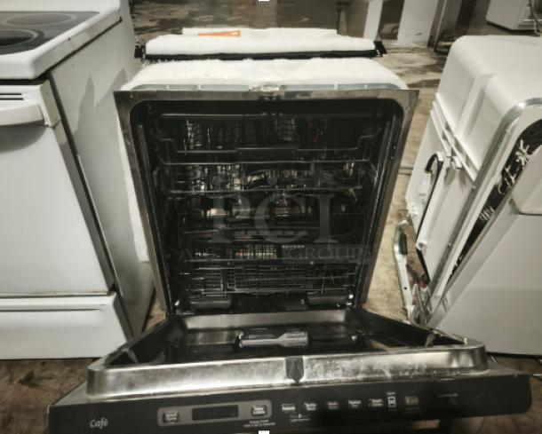 GE Café™ Series Stainless Interior Built-In Dishwasher, Model CDT765SF7SS. Open door shows racks and control panel.