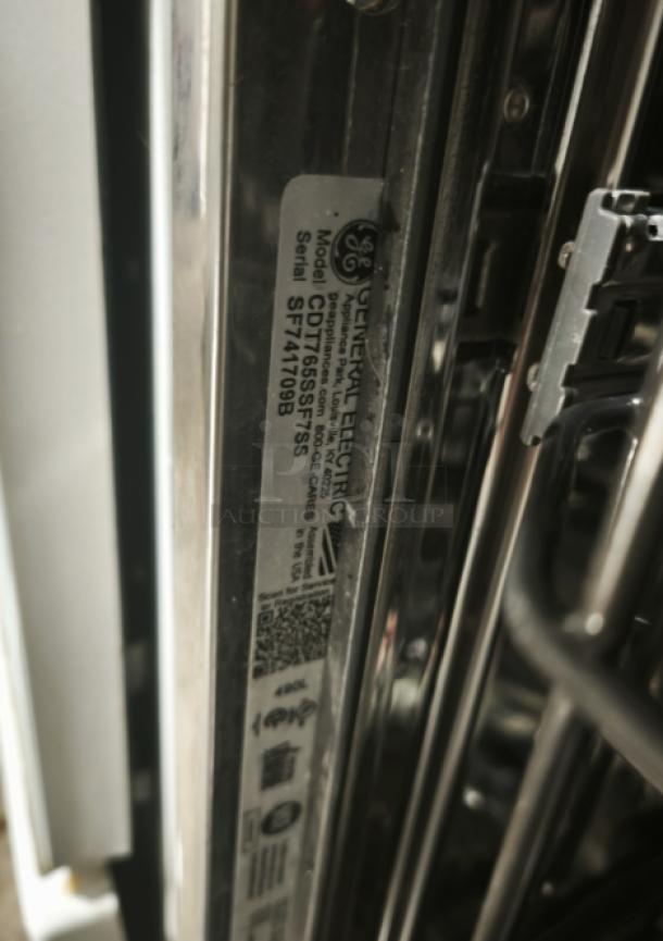 GE Café™ Series Stainless Interior Built-In Dishwasher, Model CDT765SF7SS, label visible, indicating model and serial number.