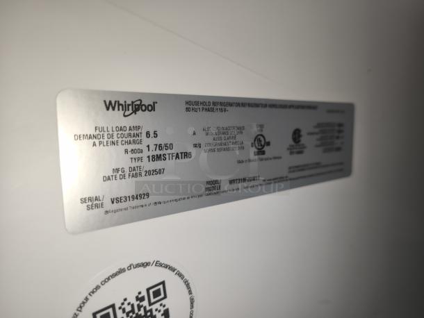 Whirlpool WRT318FZDW refrigerator label with specifications and serial number VSE3194929, indicating tested and working condition.