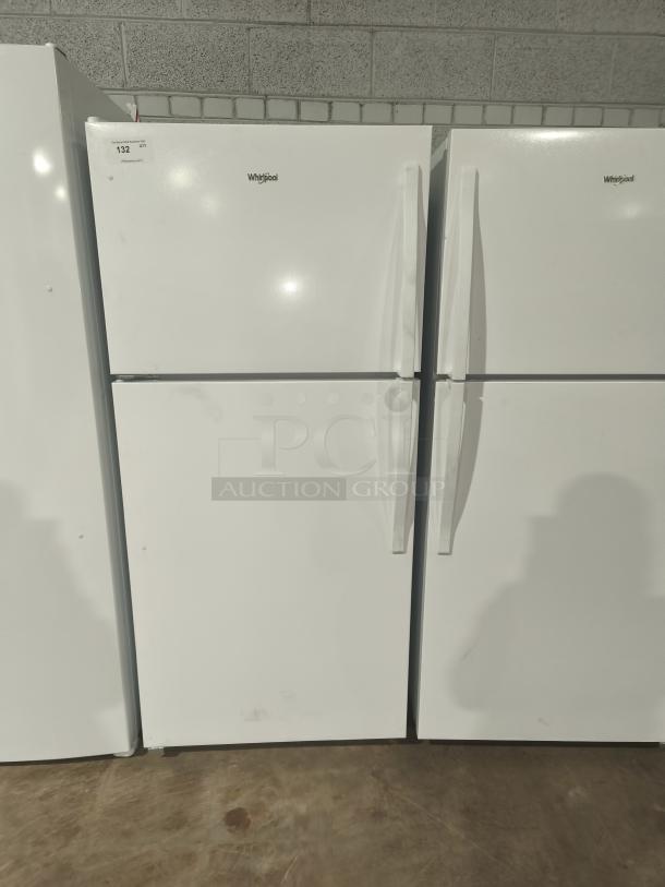 Whirlpool 30-inch wide top-freezer refrigerator, model WRT318FZDW11, 18 cu ft, white, tested and working, visible minor wear.