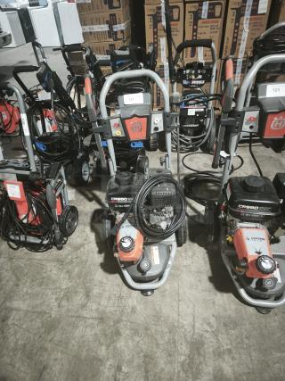Husqvarna PW-3200 gas pressure washer, model 022007, 3200 PSI, tested and working. Features control panel, sturdy frame.