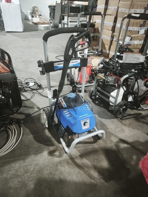 PowerStroke PS141913 pressure washer, blue, tested and working. Features sturdy frame, hose, and handle. 1900 PSI, 1.2 GPM.