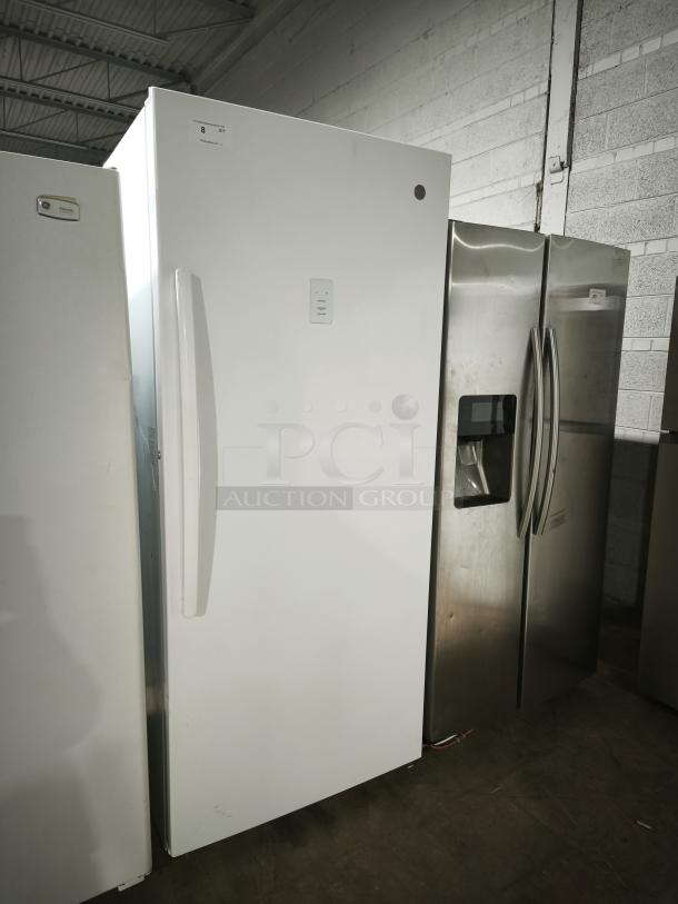 LIKE NEW GE 21.3 Cu. Ft. Frost-Free Upright Freezer, Model FUF21DLRWW, white, excellent condition, prominent handle.