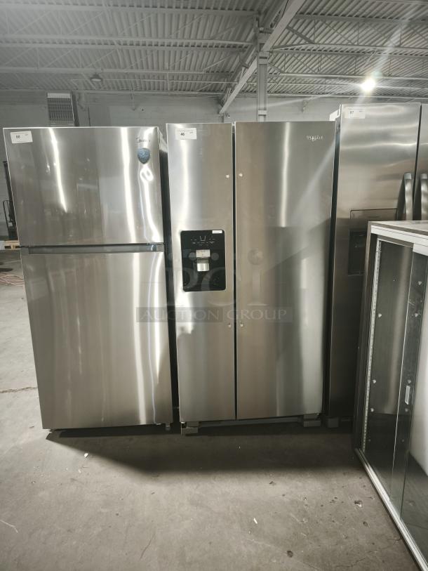 NEW Whirlpool 33-inch side-by-side refrigerator, model WRS321SDHZ13, 21.4 cu ft, fingerprint-resistant stainless steel.