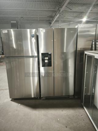 NEW Whirlpool 33-inch side-by-side refrigerator, model WRS321SDHZ13, 21.4 cu ft, fingerprint-resistant stainless steel.