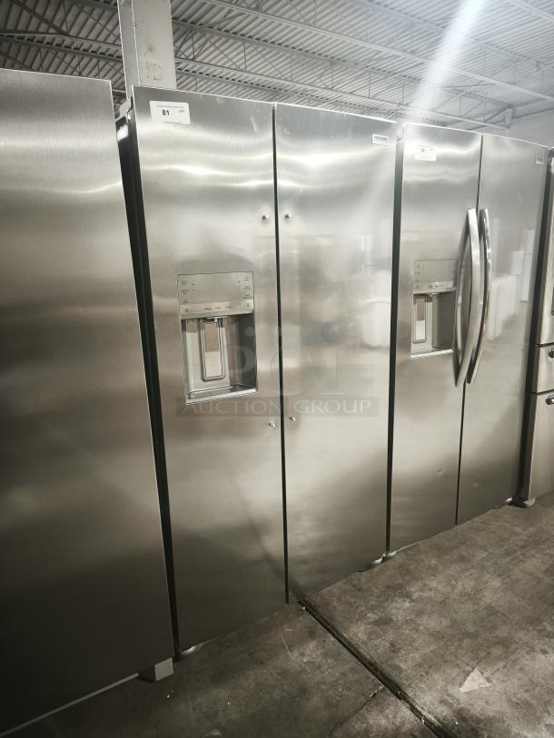Frigidaire Gallery 25.6 cu ft side-by-side refrigerator, model GRSS2652AFA, like new, stainless steel finish, visible control panel.