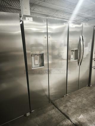 Frigidaire Gallery 25.6 cu ft side-by-side refrigerator, model GRSS2652AFA, like new, stainless steel finish, visible control panel.