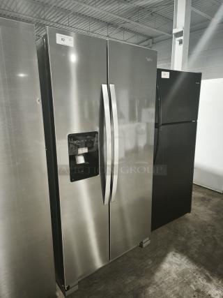 Whirlpool 36-inch side-by-side refrigerator, model WRS315SDHZ19, like new condition, stainless steel finish, with water dispenser.