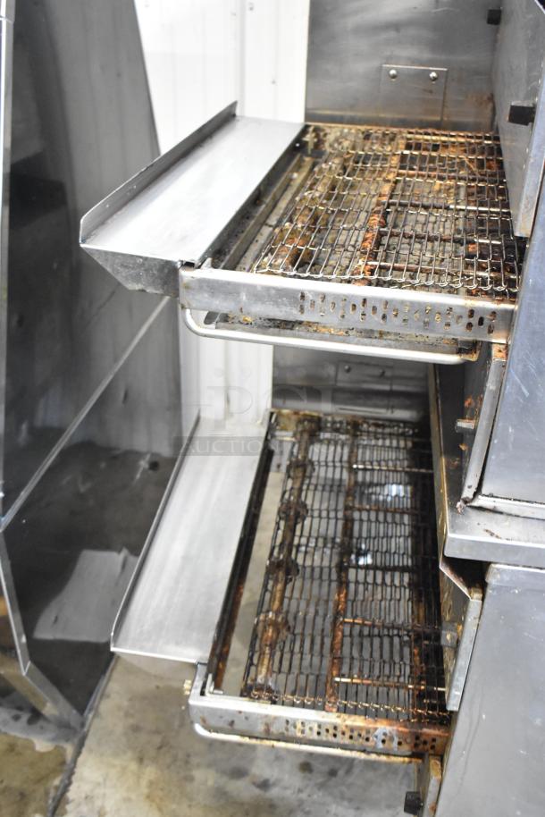Two 2021 Middleby Marshall PS638G stainless steel conveyor pizza ovens on casters, natural gas powered, 89,000 BTU.
