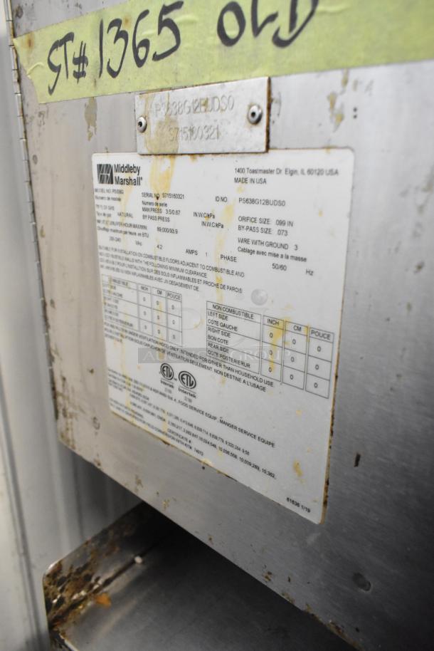 Middleby Marshall PS638G stainless steel pizza oven label, showing model, serial number, gas specs, and safety warnings.