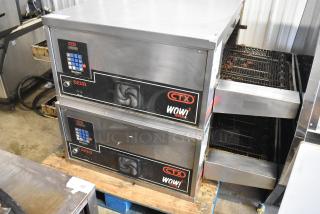 Two 2023 Middleby Marshall CTX DZ33I stainless steel electric conveyor pizza ovens on casters, 208 volts.