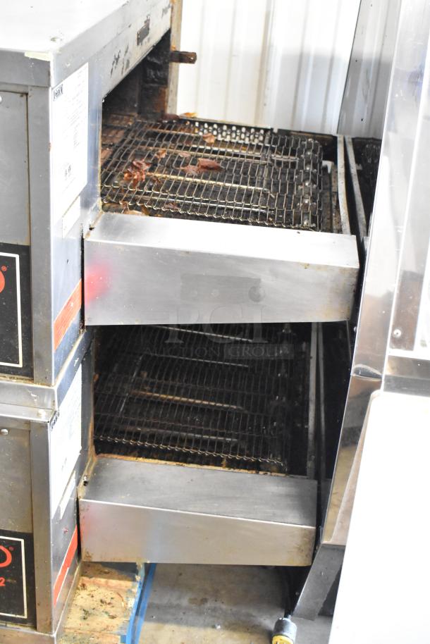 Middleby Marshall CTX DZ33I stainless steel commercial conveyor pizza ovens on casters, dual units, used condition.