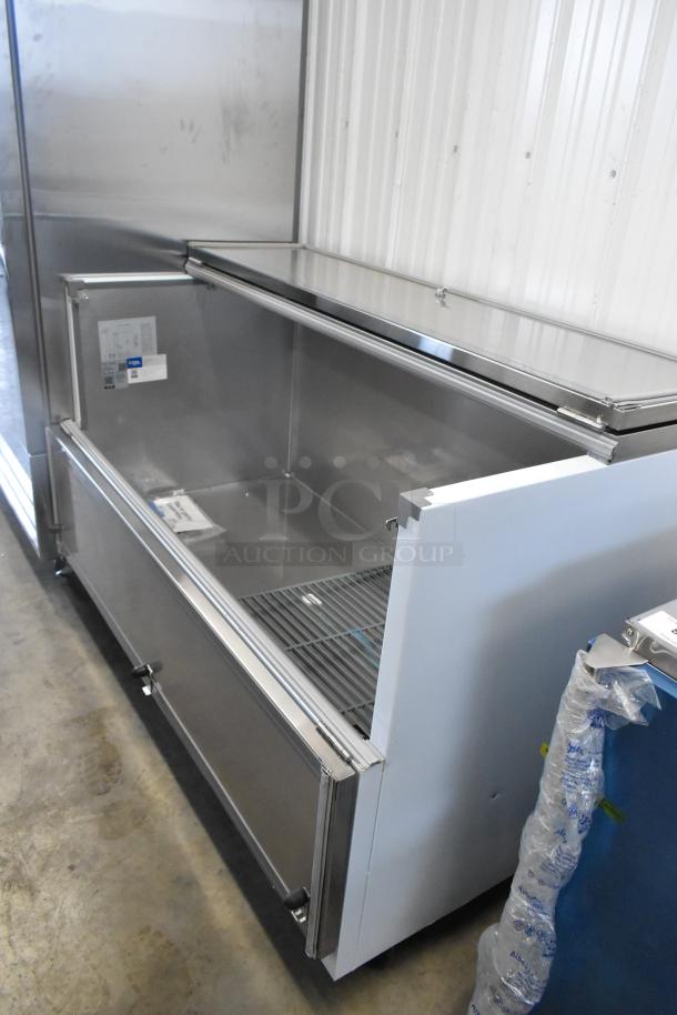 Brand new Avantco 178MC58HC 2024 stainless steel milk cooler, 58", on casters, 115V, 1 Phase, scratch and dent condition.