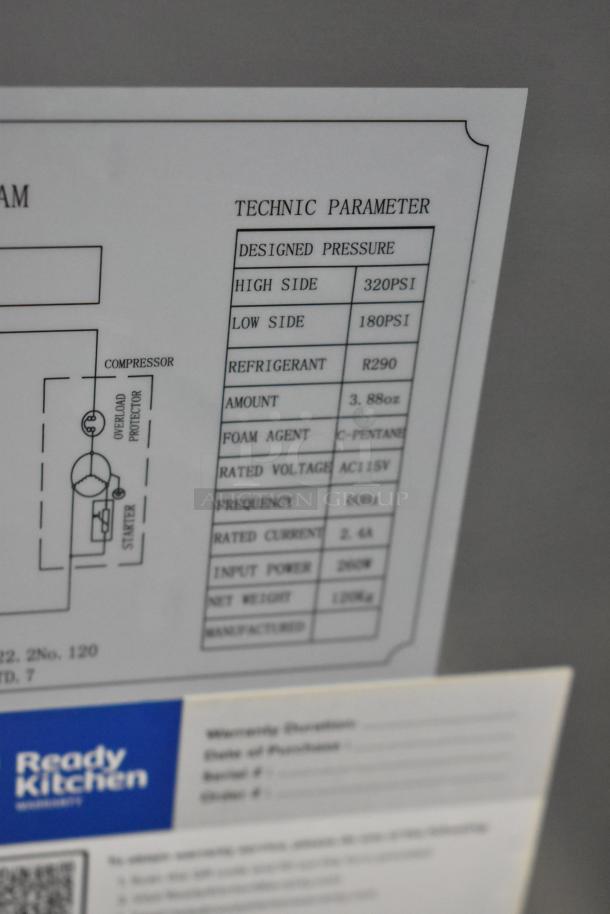 Alt text: "Label on 2024 Avantco 178MC58HC milk cooler showing technical parameters and refrigerant details."
