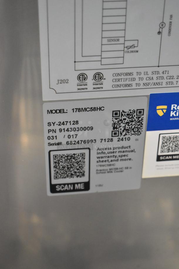 Brand new Avantco 178MC58HC stainless steel 58" milk cooler with scratch and dent condition, on commercial casters. QR code and certification labels visible.