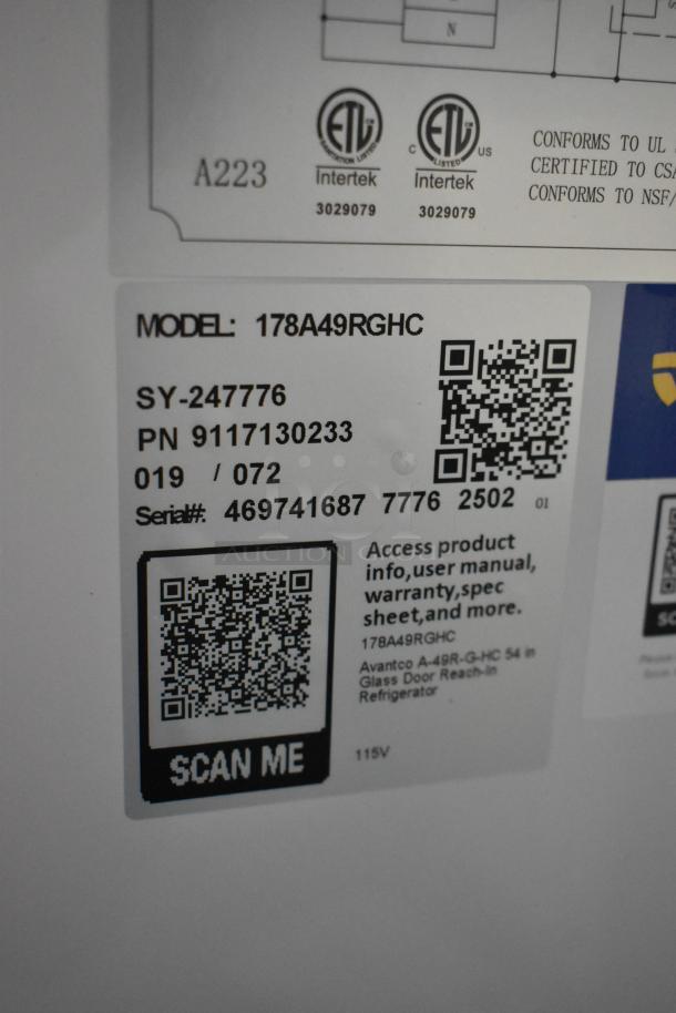 Label on Avantco 178A49RGHC, displaying model, serial number, QR code for product info, and electrical specs.