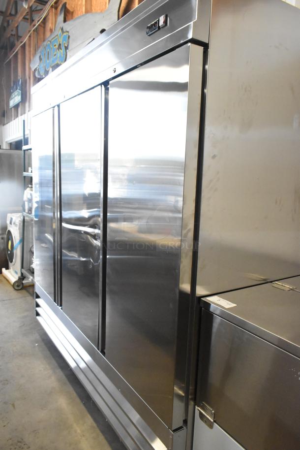 Avantco 178SS3FHC 3-door stainless steel commercial cooler, scratch and dent, poly racks, on casters, 115V.