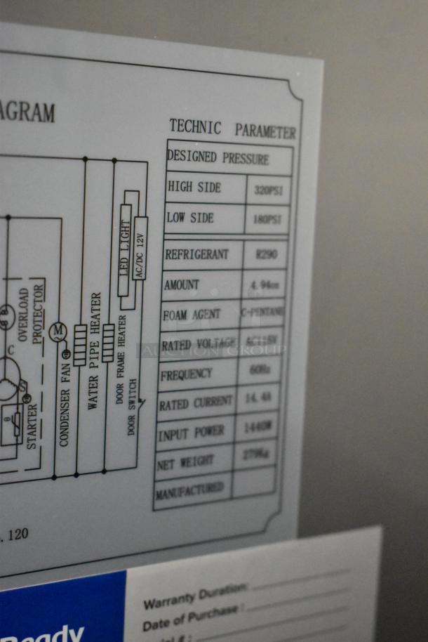 Brand new Avantco 178SS3FHC cooler label showing technical specs. Features refrigerant R290, 115V, 1 phase.