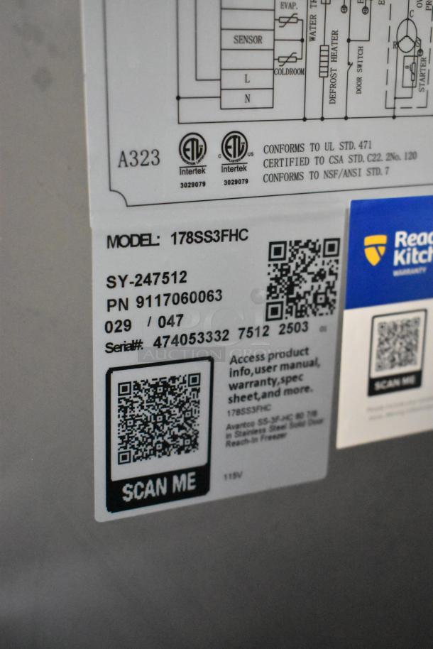 Label on Avantco 178SS3FHC stainless steel 3-door cooler. Shows model, serial number, and certification marks.