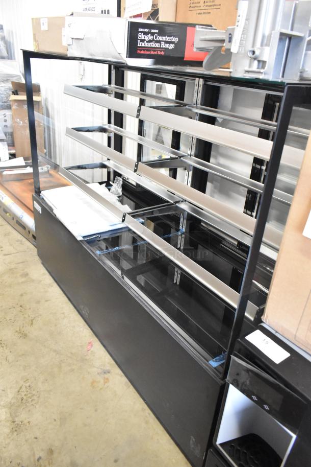 Brand new Avantco 193BCFD72B black square dry bakery display case with LED lighting. Note: broken glass. 115V, 1 phase.