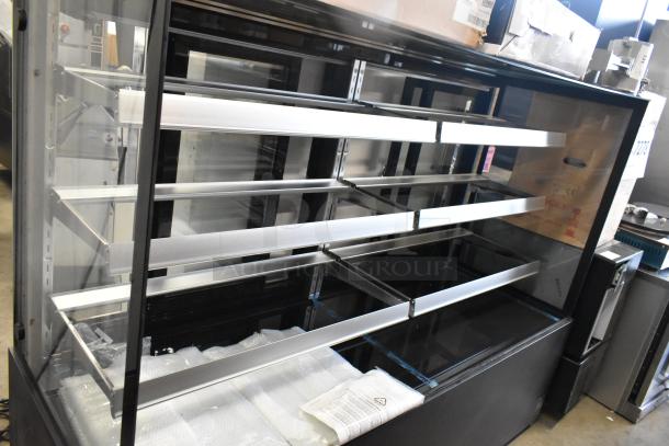 Avantco 193BCFD72B black square dry bakery display case with LED lighting, new condition but with broken glass. 115 Volts, 1 Phase.