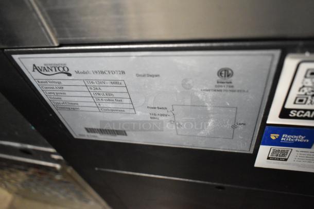 Avantco 193BCFD72B label showing details: 115 Volts, 1 Phase, 15W LED lamp power, and broken glass warning.