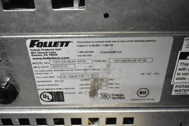 Follett ice maker label showing model 7UD112A-IW-NF-ST-00, 115V, 2025 MFG date, UL and NSF certifications.