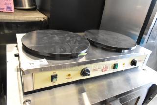 Brand new Carnival King 382TCM16DBL dual non-stick crepe maker, stainless steel, 16" surfaces, 208/240V, minor scratches.