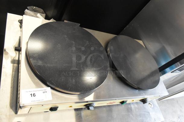 Carnival King 382TCM16DBL 16" dual non-stick crepe maker, stainless steel, 208/240 volts, scratch and dent, new condition.