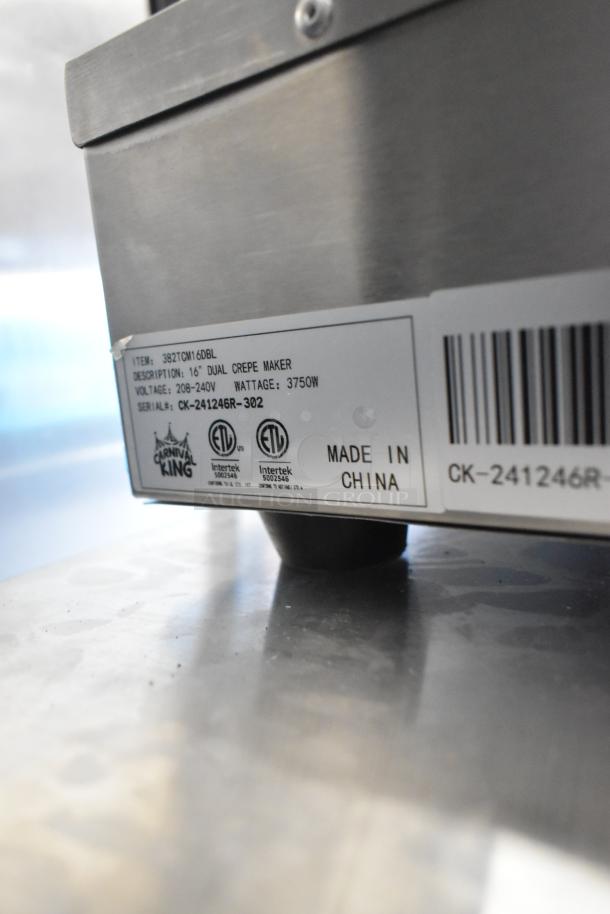Stainless steel Carnival King 382TCM16DBL 16" dual crepe maker tag showing voltage, wattage, and serial number. Made in China.