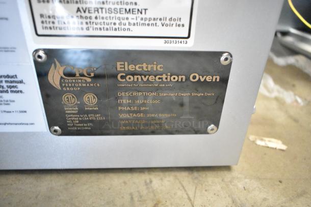 Stainless steel CPG 351FEC100C Electric Convection Oven, single deck, 208V, 3 phase, brand new, minor scratches. Tags show model and voltage.