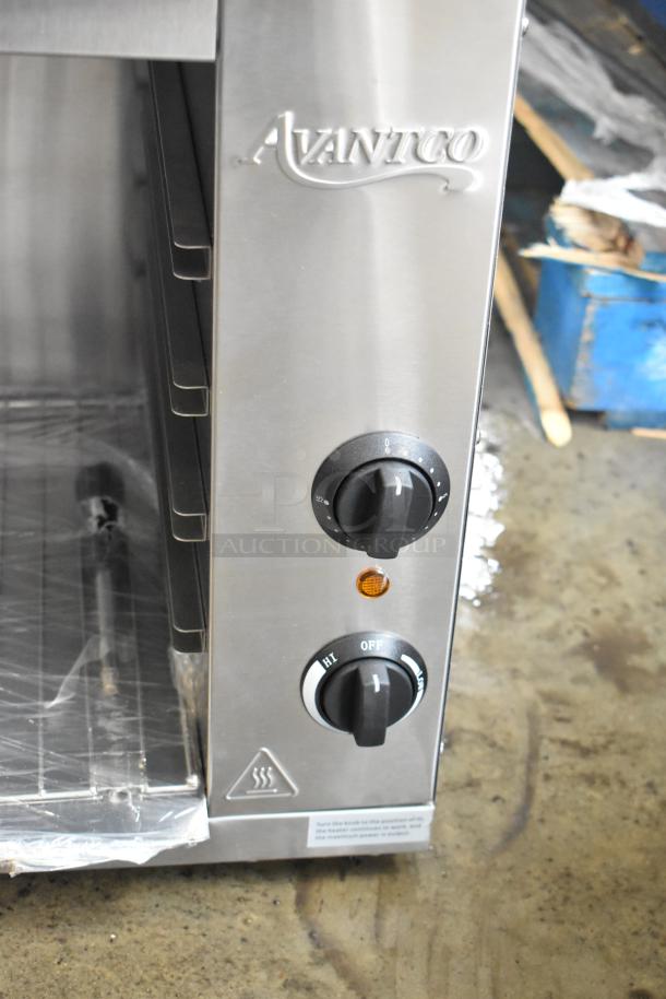 Brand new Avantco 177CHSME32IM stainless steel commercial 32" electric cheese melter with control knobs; scratch and dent.