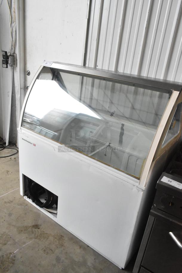 Kelvinator metal commercial ice cream dipping cabinet, 115 volts, 1 phase, visible side panel glass cracks.