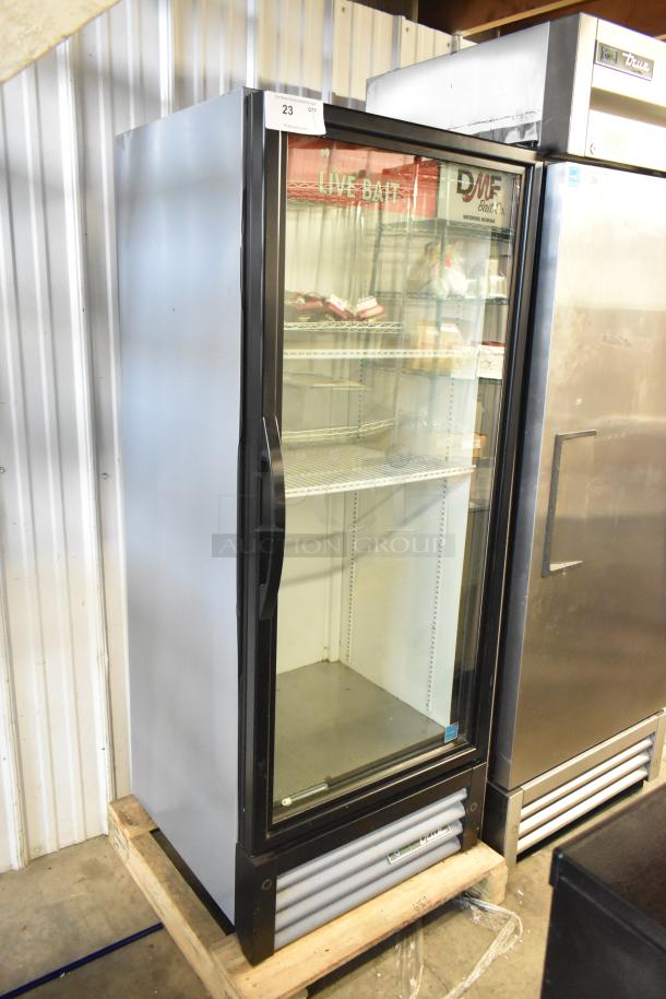 2018 True GDM-12-HC commercial reach-in cooler, single glass door, shelves, 115V, black and stainless steel finish, excellent condition.