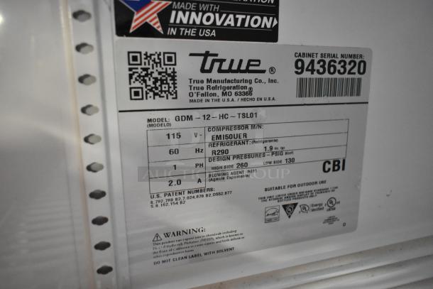 2018 True GDM-12-HC commercial cooler label, 115V, 1 phase, R290 refrigerant, serial number 9436320, Made in USA.