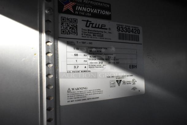 2018 True T-19F-HC stainless steel commercial freezer label, 115V, 1 Phase, with poly coated racks, energy-efficient design.