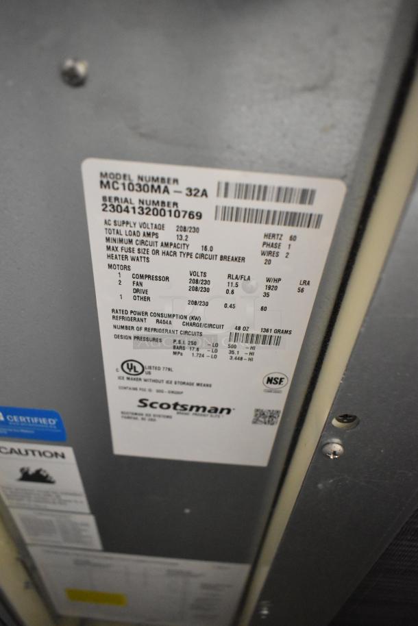 Brand new 2023 Scotsman MC1030MA-32A Prodigy Elite ice machine label, stainless steel, 1077 lb capacity, 208/230V, 1 Phase.