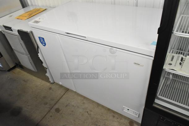 Danby DCF100A6WM chest freezer, 115 volts, single phase, in good condition. Visible Danby logo on the front.