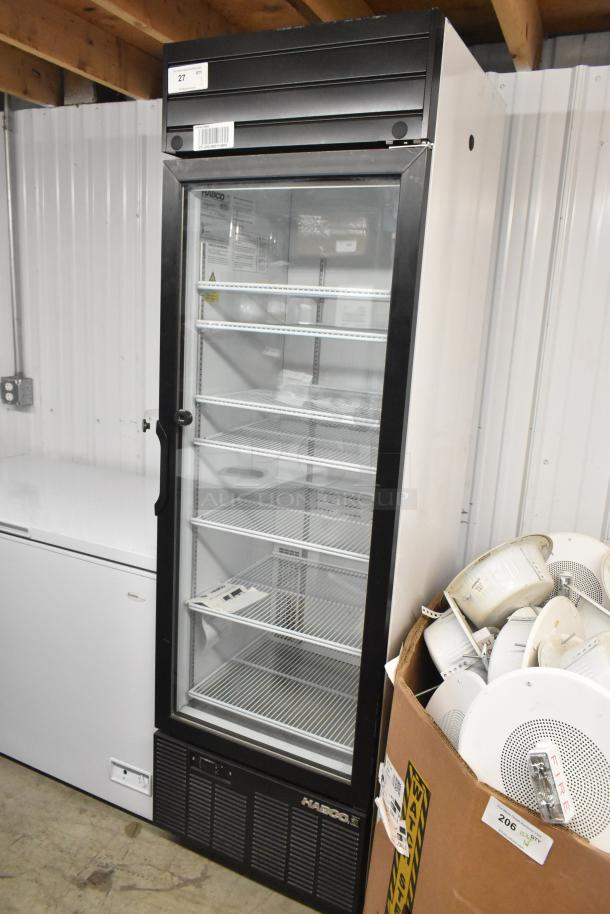 2019 Habco SE18 metal commercial single door reach-in cooler with poly-coated racks, 115 volts, 1 phase.