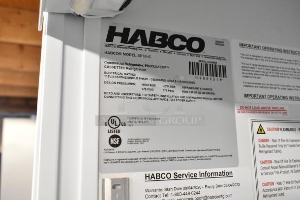 2019 Habco SE18 commercial reach-in cooler, metal, single door, poly-coated racks, 115V, 1 phase, label details specs.