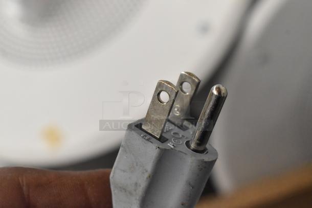 Bizerba Metal Commercial Countertop Meat Slicer plug, 120 volts, 1 phase, shown in close-up.