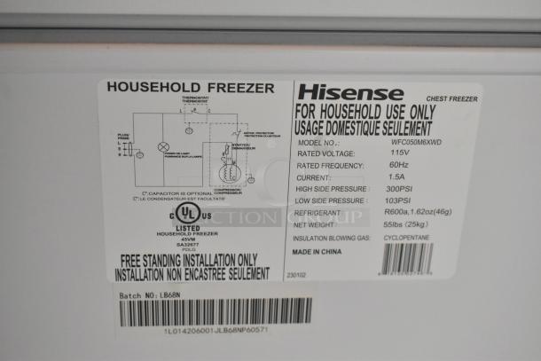 Hisense WFC050M6XWD Chest Freezer label, 115V, 1.5A, lists specs such as 1 phase, 60Hz, made in China.