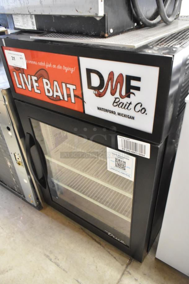 2024 True GDM-05-HC Metal Mini Cooler Merchandiser with glass door, "Live Bait" sign, 115V, 1 Phase, excellent condition.