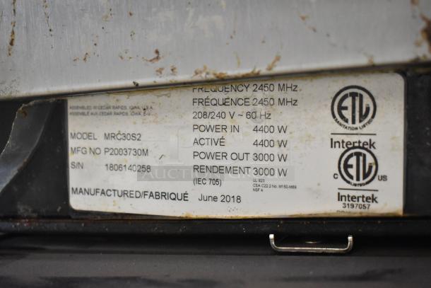 2018 Menumaster MRC30S2 stainless steel commercial microwave, 208/240V, 1 phase, model label shown with power specs.