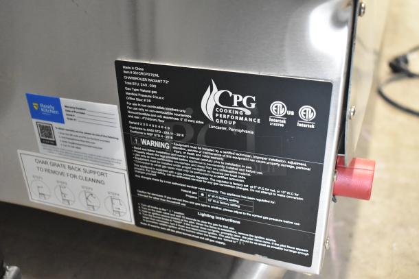 2022 Cooking Performance Group 351CRCPG72NL 72" stainless steel charbroiler, 240,000 BTU, natural gas, commercial use.