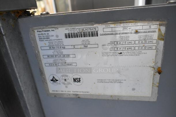 2018 Pitco Frialator 35C deep fat fryer, stainless steel, natural gas, 90,000 BTU, serial number G18LA076479, NSF certified.