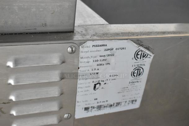 2022 PIZZA88A Stainless Steel Commercial Countertop Refrigerated Rail, missing lid, 115V, 1 Phase. Model label visible.