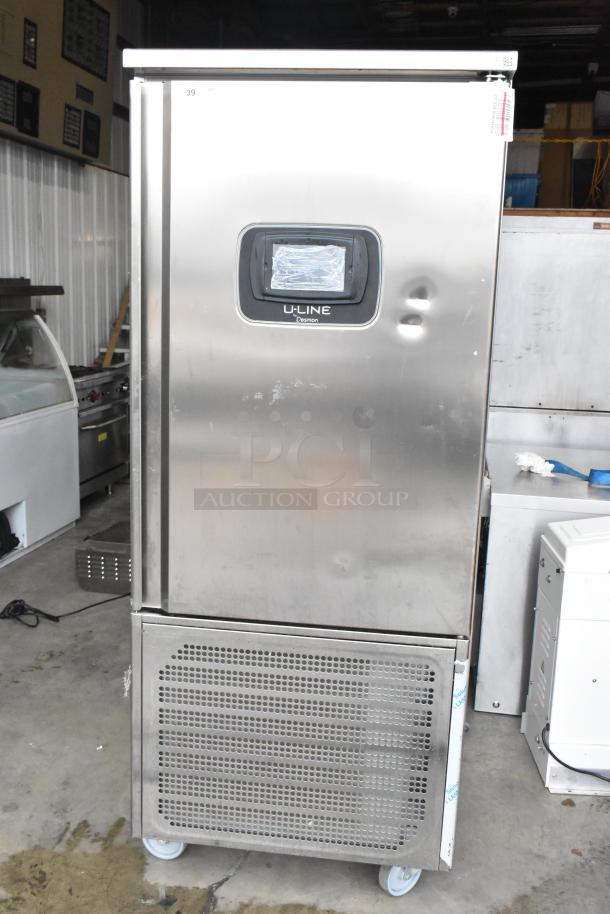 Stainless steel Desmon GBF-15+ETL blast chiller, 2023 model, 4 probes, commercial casters, visible surface dents.