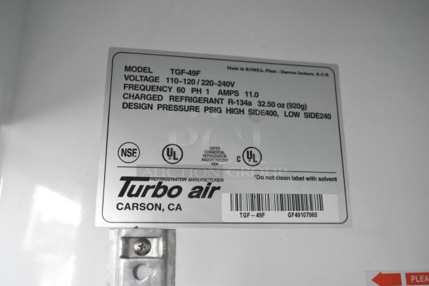 Turbo Air TGF-49F freezer label showing model, voltage, refrigerant info, and certifications. Made in Korea.